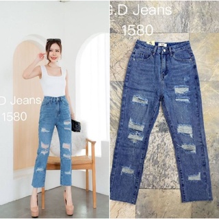 G.D.Jeans รุ่น 1580#กางเกงยีนส์ขายาวผ้าด้านทรงบอยฟอกสียีนส์ฟ้าแต่งสะกิดขายแบบเซอร์