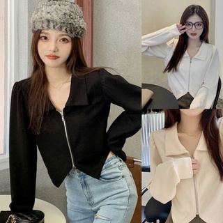 Korean🧧 เสื้อแขนยาวคอปกชายเสื้อตัดแหลม 2 สี มีซิปหน้า