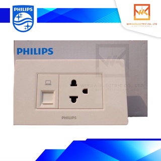 PHILIPS เต้ารับคอมพิวเตอร์ LAN Cat 6 ฟิลิปส์ LeafStyle RJ45 Cat6 ปลั๊กกราวน์เดี่ยวพร้อมหน้ากาก3ช่อง ฟิลิปส์ ครบชุด สีขาว