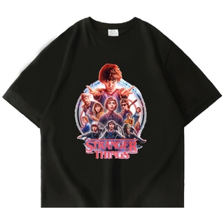 เสื้อยืดพิมพ์ลายแฟชั่น เสื้อยืดแขนสั้น ผ้าฝ้าย พิมพ์ลาย Stranger Things สีดํา แฟชั่นฤดูร้อน สไตล์สตรีท สําหรับผู้หญิง แล