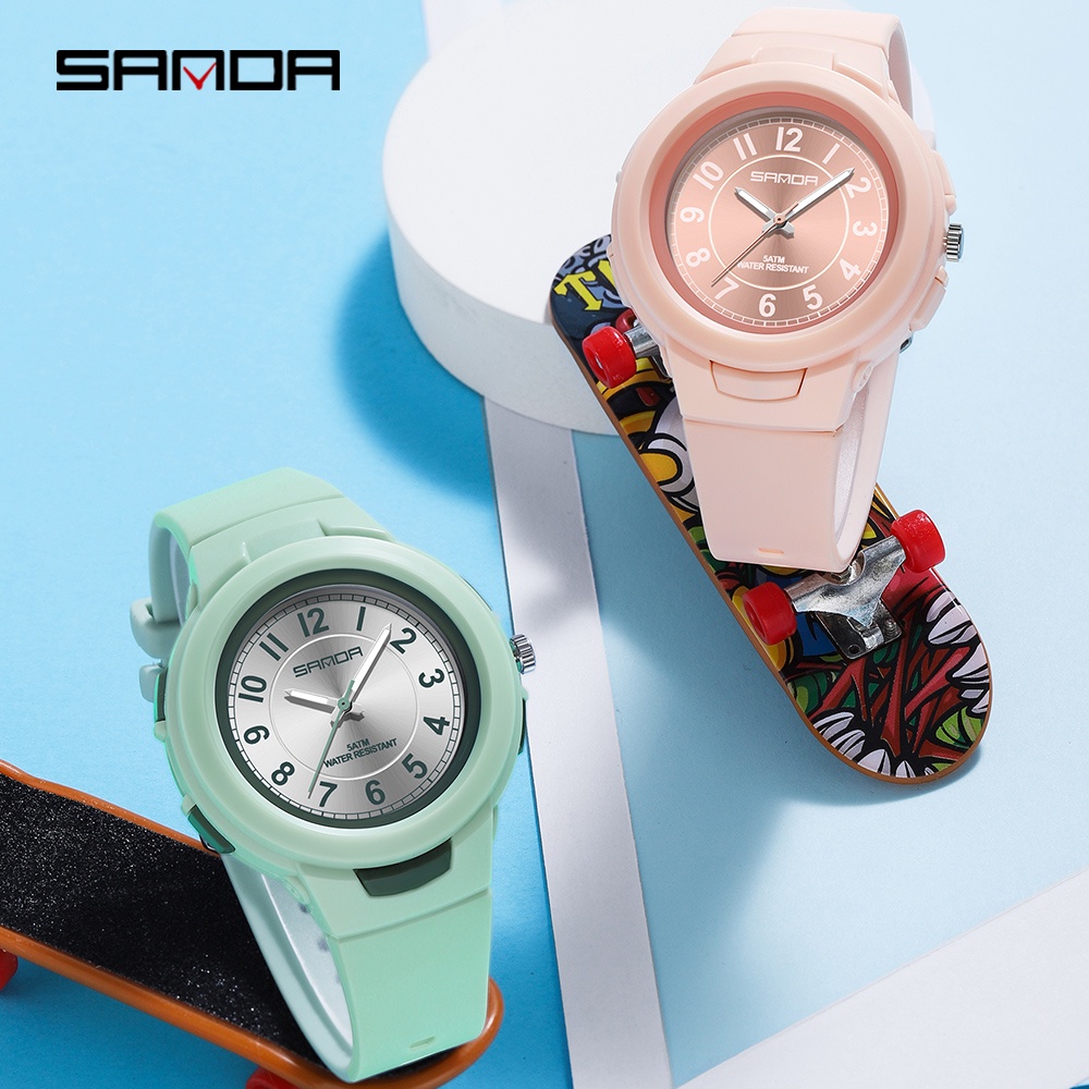 Sanda 2022 นาฬิกาข้อมือสปอร์ต กันน้ํา สีพื้น สําหรับเด็กผู้ชาย ผู้หญิง 6095-7