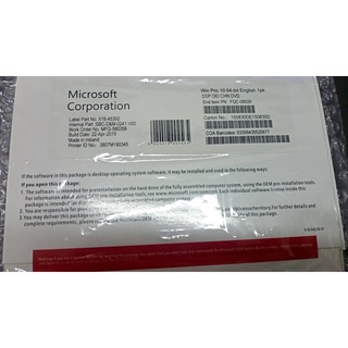 Win Pro 10 64-bit English 1 pk Microsoft Label Part No.X18-45392
