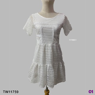 SS11759 Dress เดรสลูกไม้ฉลุตาข่าย ชายระบาย