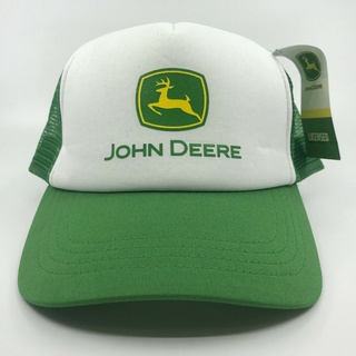 หมวกตาข่ายผ้าฝ้าย John Deere สีขาวและสีเขียวปรับได้