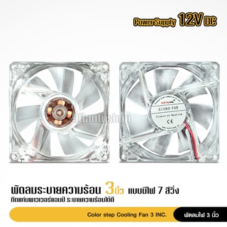 พัดลมมีไฟ7สีวิ่ง ใช้ไฟ12v ระบายความร้อนเครื่องเสียงและคอมพิวเตอร์ เสียงเงียบ ลมแรง ไว้เป่าเพาเวอร์ ใส่แผงซาวด์ ใช้ไฟน้อย