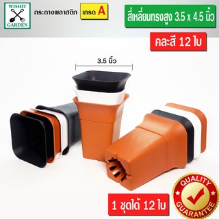 กระถางต้นไม้สี่เหลี่ยมทรงสูง ปากกว้าง 3.5 นิ้วคละสี จำนวน 12 ใบ ราคาถูก ผลิตจากเนื้อพลาสติกชั้นดี ผิวเรียบเนียนเหมาะสำหร