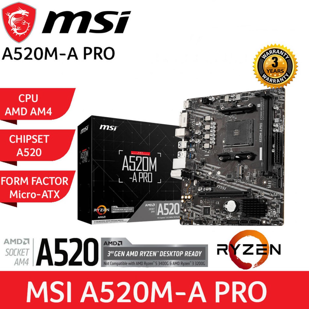 MAINBOARD (เมนบอร์ด) (AM4) MSI A520M-A PRO (DDR4) ประกัน 3 ปี