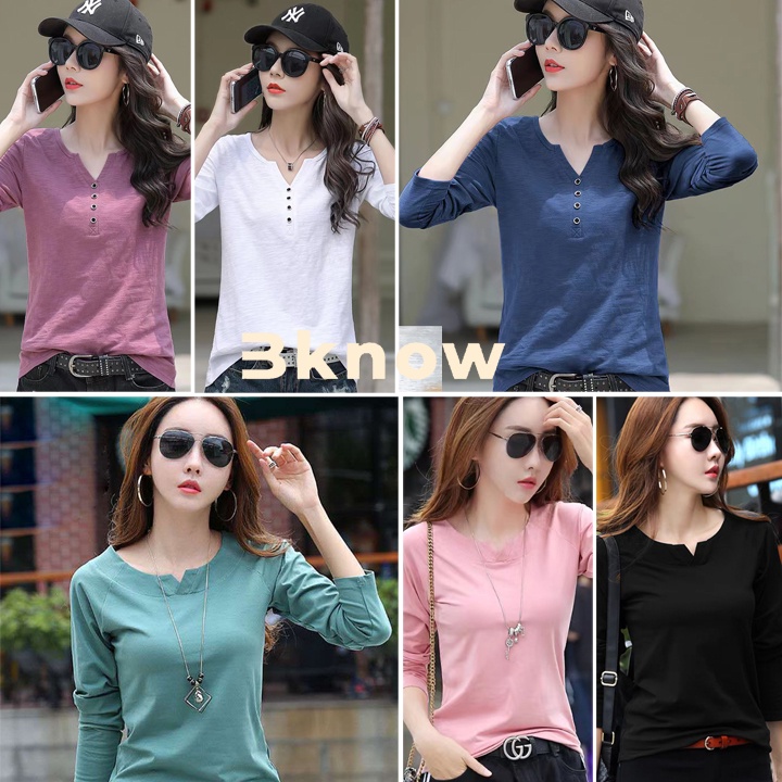 เสื้อยืดคอวี เสื้อยืดใส่สบายไม่ร้อน ใส่ทำงานได้ ใส่ทำงานได้ เสื้อยืดสีทึบผู้หญิง