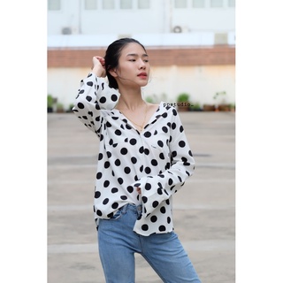 🔥พร้อมส่ง! งานจริง 100% เสื้อเชิ้ตลายจุด Polka Dot ขาว-ดำ (15) ADDALL_BKK