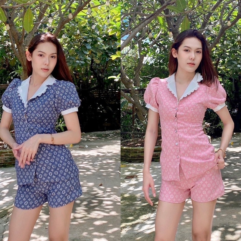 ชุดเข้าเซตผู้หญิง ชุดเซต 2 ชิ้น เสื้อแขนสั้น+กางเกงขาสั้น ผ้าทอ ลาย LV ชุดทำงาน เสื้อสูท งานป้าย lov