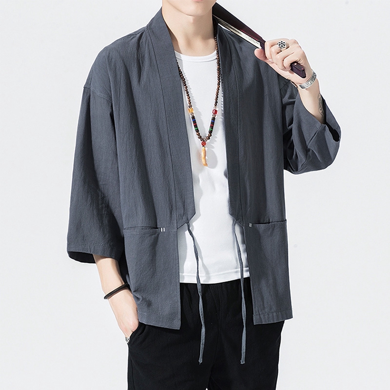 บุรุษผ้าฝ้ายผ้าลินินเสื้อผู้ชายฤดูร้อนสีธรรมดากิโมโนเสื้อชายแขนสามในสี่เปิดตะเข็บเสื้อลําลอง