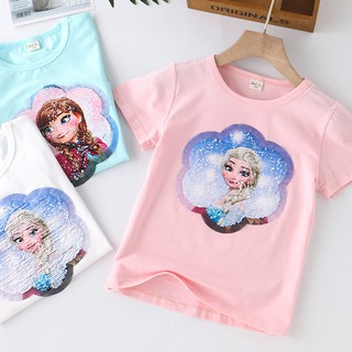 &lt;In Stock&gt;เสื้อยืดลําลองแฟชั่นสําหรับเด็กผู้หญิงผ้าฝ้ายแขนสั้นลาย Frozen Disney Elsa Princess Fashion