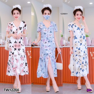 J12266 Dress แม็กซี่เดรส ลายดอก ชายผ่าระบาย + ยางมัดผม