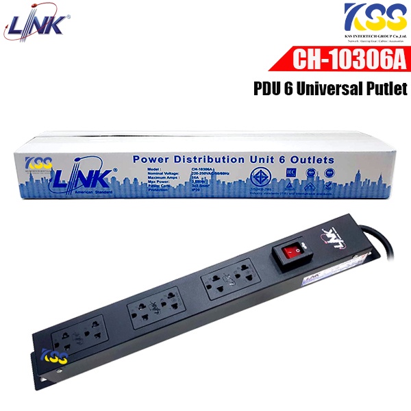 Link CH-10306A PDU ปลั๊กตู้แร็ค 6 Universal Outlet (Lighting SW+Protection LED)  รางไฟที่มี Eyes Shu