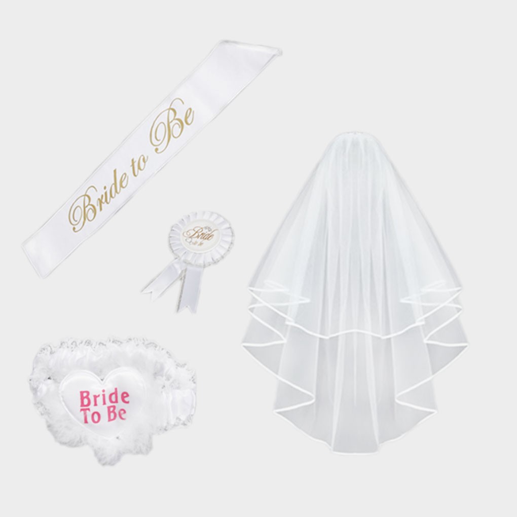 4 Pcs Bride to Be Set Rosette Badge Sash Garter Veil Hen Night Party Accessories for sale online