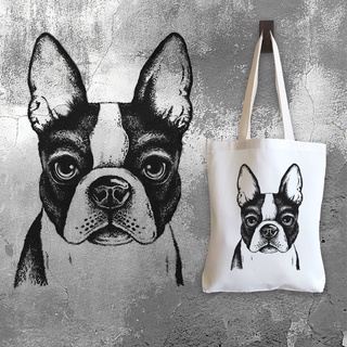 กระเป๋าผ้าแคนวาส สไตล์ที่ 45 สกรีนลายสไตล์พ่นสีสเปร์ย แนว Street Art ลาย Boston-Terrier-French-Bulldog-Puppy