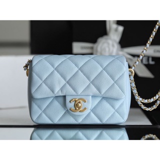 [ทักแชทก่อนสั่งซื้อ] Chanel รุ่นใหม่ล่าสุด สีฟ้า หนังวัวแท้ size 13 x 19 x 6cm งาน VIP สายปรับความยาวได้