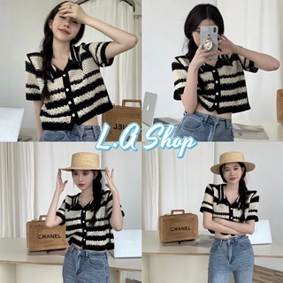 L.A Shop พร้อมส่ง เสื้อถักไหมพรม คอปกแขนสั้น ลายทืางน่ารักเกาหลีๆ "022"