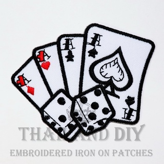 ตัวรีดติดเสื้อ ลายไพ่ หน้าไพ่ เอซ โพธิ์ดํา สัญลักษณ์ Four Ace Poker card Casino Patch งานปัก WOP DIY ตัวรีด อาร์มติดเสือ