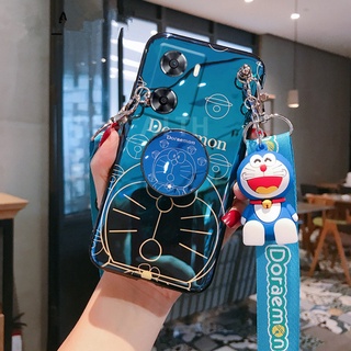 Ready Stock เคส Oppo A57 4G 2022 / A77 5G / A96 4G / A76 New Fashion Blu-ray Cute Cartoon Doll Bracket Cover เคสโทรศัพท์ Oppo A57 OPPOA77 Doraemon Neck Strap Rope Soft Case