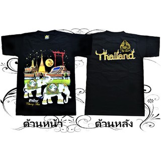 เสื้อยืดผ้าฝ้ายพิมพ์ลาย(ลายไทย)เสื้อยืด เสื้อผ้าผู้ชาย-ผู้หญิง เสื้อยืด สีดำ คอกลม แขนสั้น เสื้อสกรีน ลาย ช้างไทย วัดพระ