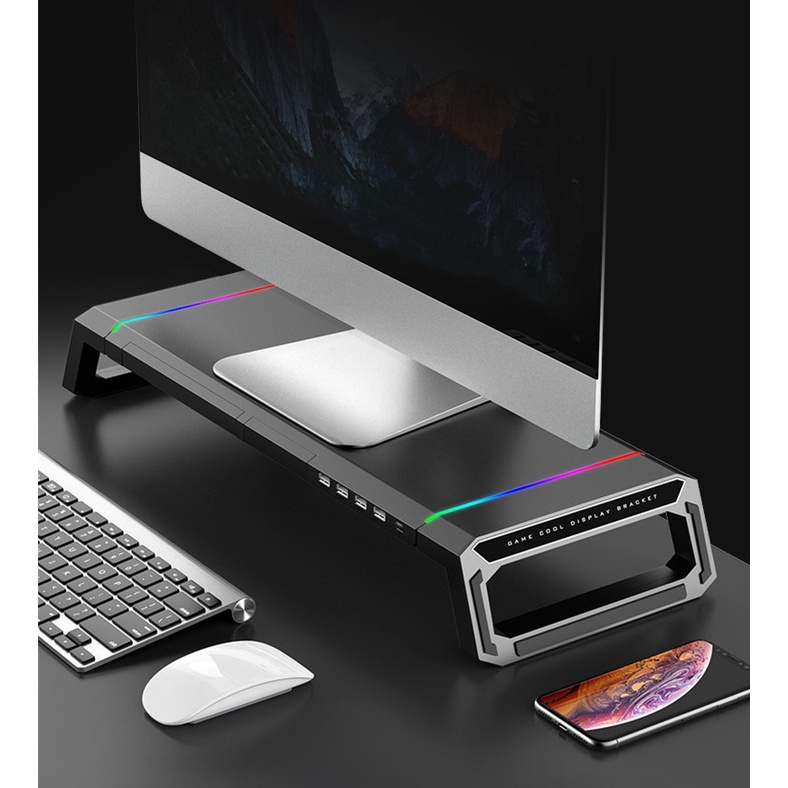 🚀Ready🚀RGB Monitor riser ชั้นวางจอคอม ชั้นวางคอมพิวเตอร์ ด้วยอินเทอร์เฟซ USB มัลติฟังก์ชั่นแท่นวางจอ