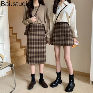 Bai.studio (พร้อมส่ง)กระโปรงสั้นกระโปรงทรงเอ เอวสูงแบบยาวแต่งลายสก็อตสีสดปลายกระโปรงพริ้ว