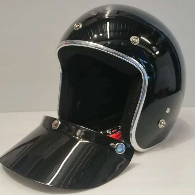 หมวกกัน​น็อค​วินเทจเ​ปิดหน้า​ สีดำเงา คิ้วเงิน​ Open​ face​ helmet​