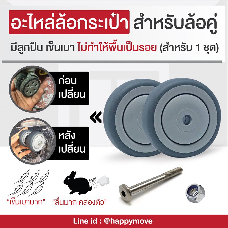 ล้อกระเป๋าเดินทางสำหรับล้อคู่ ยางเทา มีลูกปืนเข็นง่าย ล้อกระเป๋าแฮปปี้มูฟ Happy Move(2ลูก)