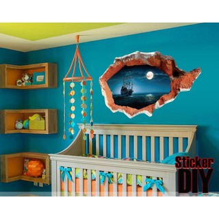 Wall Sticker สติ๊กเกอร์ติดผนัง 3D ทลายกำแพงเห็นเรือสำเภา (กว้าง113cm.xสูง67cm)