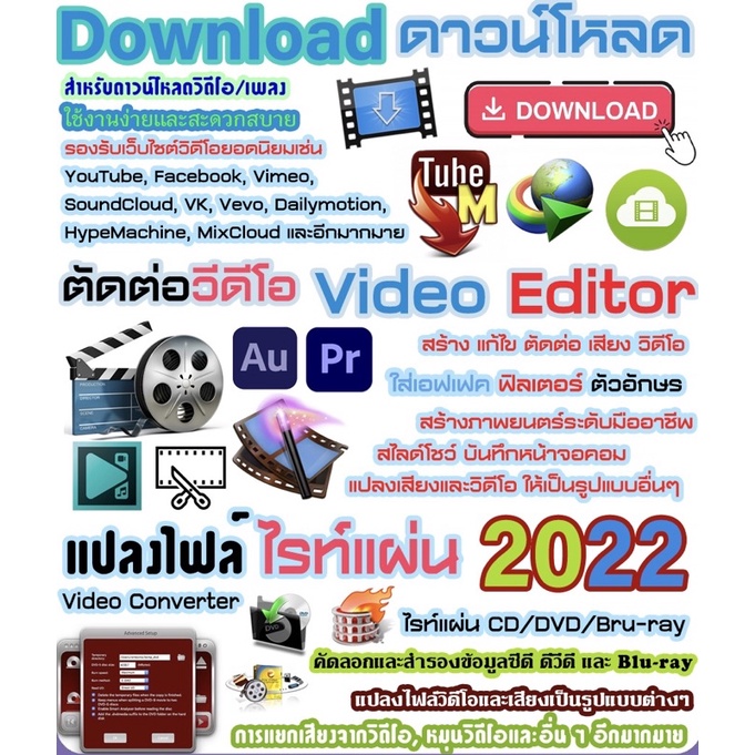 รวมโปรแกรมดาวน์โหลด ตัดต่อวิดีโอ แปลงไฟล์ ไรท์แผ่น 2022 - USB16GB (A056)