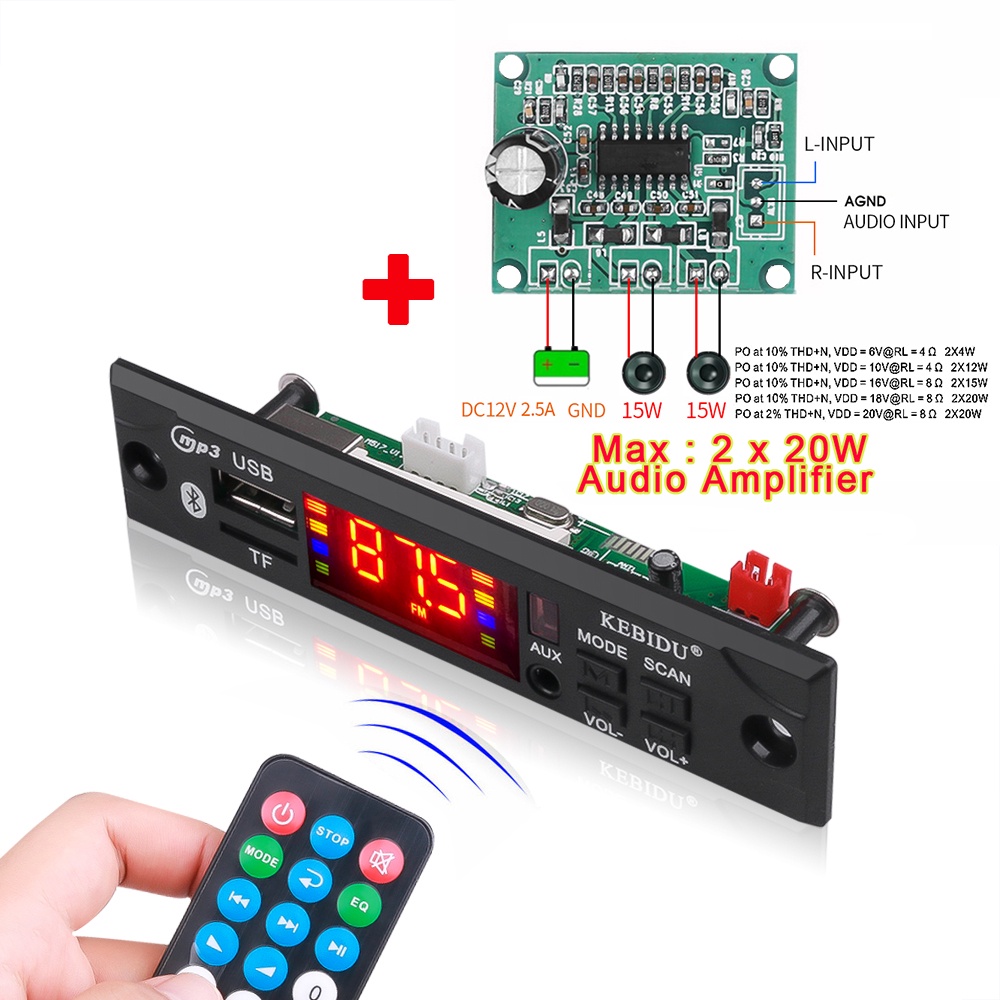 รถ MP3 ไร้สายบลูทูธ 5.0 ถอดรหัส DC 9V 12V เครื่องเล่นเพลงรองรับ WMA USB TF FM