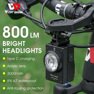 WEST BIKING ไฟหน้าจักรยาน พร้อมที่จับ อเนกประสงค์ ชาร์จ USB 800LM สําหรับ Garmin Bryton คอมพิวเตอร์