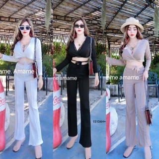 Set เสื้อแขนยาวสายผูกไม้ผูกเอว + กางเกงขาม้า (15104)