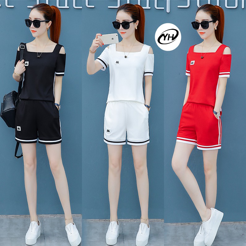 YH#E587 ชุดเซต 2 ชิ้น（เสื้อ + กางเกง）เนื้อผ้าพริ้ว ลื่น เย็นสบาย เปิดไหล่ สวมใส่สบาย