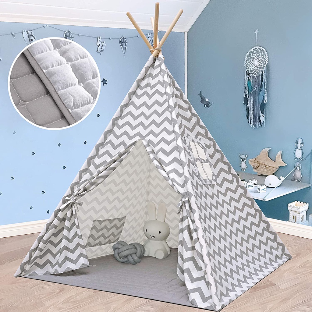 🔥【Ready Stock】 Tent for Kids with Mat- Play Tent for Boy Girl Indoor &amp; Outdoor, Gray Chevron Heavy Cotton Canvas Teepee