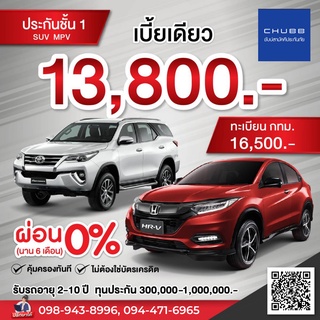 ประกันรถยนต์ ชั้น 1 เบี้ยเดียว สำหรับรถยนต์ SUV/MPV Eco Package ฟรี! บริการช่วยเหลือฉุกเฉินตลอด 24 ชม.