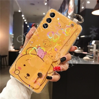 Ready Stock เคสโทรศัพท์ Samsung Galaxy S21 S21+ Plus S21 Ultra 5G 2021 New Phone Casing Case Cute Cartoon Bear With Wristband Holder TPU Silicone Softcase Colorful Cherry Blossoms Back Cover เคส SamsungS21 S21Ultra