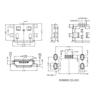 ซ็อกเก็ตเชื่อมต่อMicro Usb Type B 5 Pin Female Smd 4 Pin 10 สายเคเบิ้ลเชื่อมต่อชิ้น