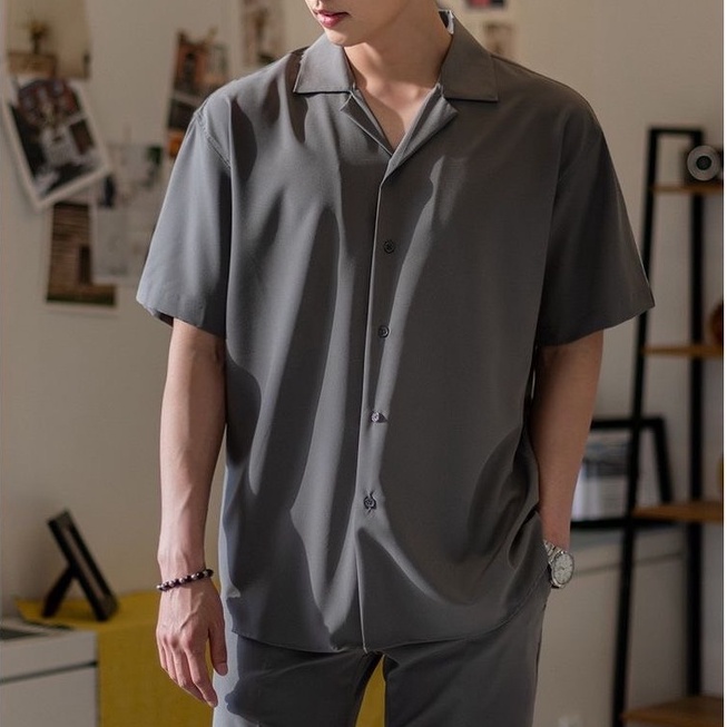 เสื้อเชิ้ตแขนสั้นสีเทาเข้ม UNISEX ทรงOversize ถูกมากใส่สบาย ผ้าไม่ร้อน ไซส์ M-6XL"
