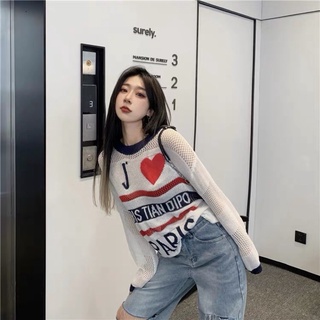 เสื้อคาร์ดิแกนผ้านิตติ้งโปร่งแสงสีขาว เวอร์ชั่นเกาหลี พิมพ์ลายภาษาอังกฤษ