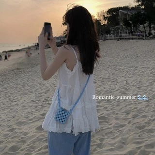 เสื้อสายเดี่ยวลําลอง คอวี แขนกุด สีพื้น สไตล์เกาหลี สําหรับผู้หญิง สายสปาเก็ตตี้ คอวี