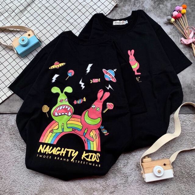 NAUGHTY KID เสื้อยืดแขนหลวมผู้ใหญ่สีดําสีขาวสีม่วง - 726