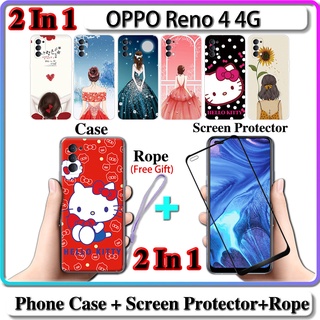 2 IN 1 เคส OPPO Reno 4 4G เคส พร้อมกระจกนิรภัยโค้ง ป้องกันหน้าจอเซรามิค สําหรับเด็กผู้หญิง และคิตตี้