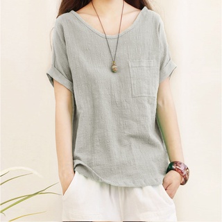 เสื้อเชิ้ตแขนสั้นลําลอง คอกลม ผ้าฝ้าย และผ้าลินิน ทรงหลวม สีเขียว แฟชั่นฤดูร้อน สําหรับผู้หญิง ไซซ์ 5XL