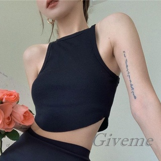 Giveme- เสื้อครอปแขนกุด คอกลม สีพื้น สีขาว สีดํา สําหรับผู้หญิง