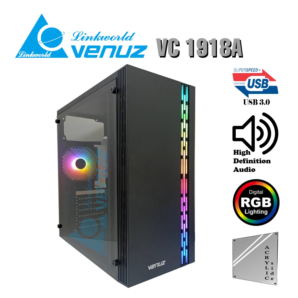 VENUZ Acrylic Side ATX Computer Case VC 1918A with RGB LED Lighting &amp; VF1298 120mm Rainbow RGB Fan – Black