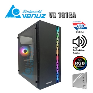 VENUZ Acrylic Side ATX Computer Case VC 1918A with RGB LED Lighting &amp; VF1298 120mm Rainbow RGB Fan – Black