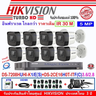 Hikvision กล้องวงจรปิด 5MP รุ่น  DS-2CE16H0T-ITF(C) 3.6mm/2.8mm (8)+DVR รุ่น DS-7208HUHI-K1/E(S)(1)+ชุด4H2JA