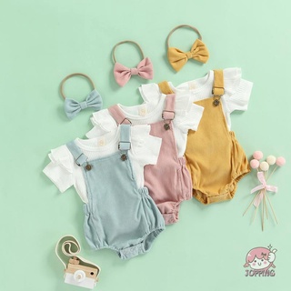 JOP-Baby Three Piece Set, Fly Sleeve Round Neck Shirt Suspender Ruffle Shorts Elastic Matching Headband